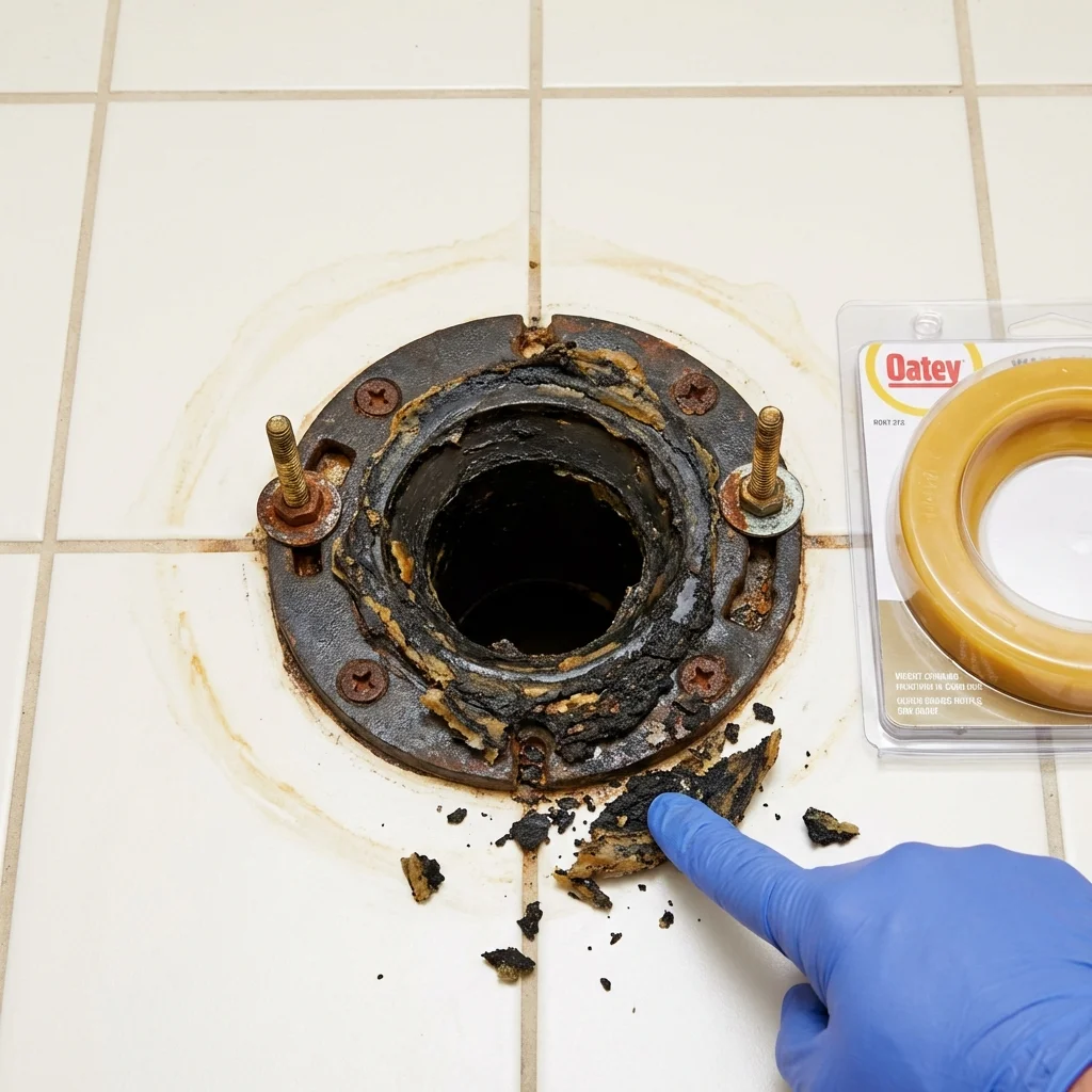 Failed wax ring showing water seepage at the base of a toilet in a Youngstown, FL home