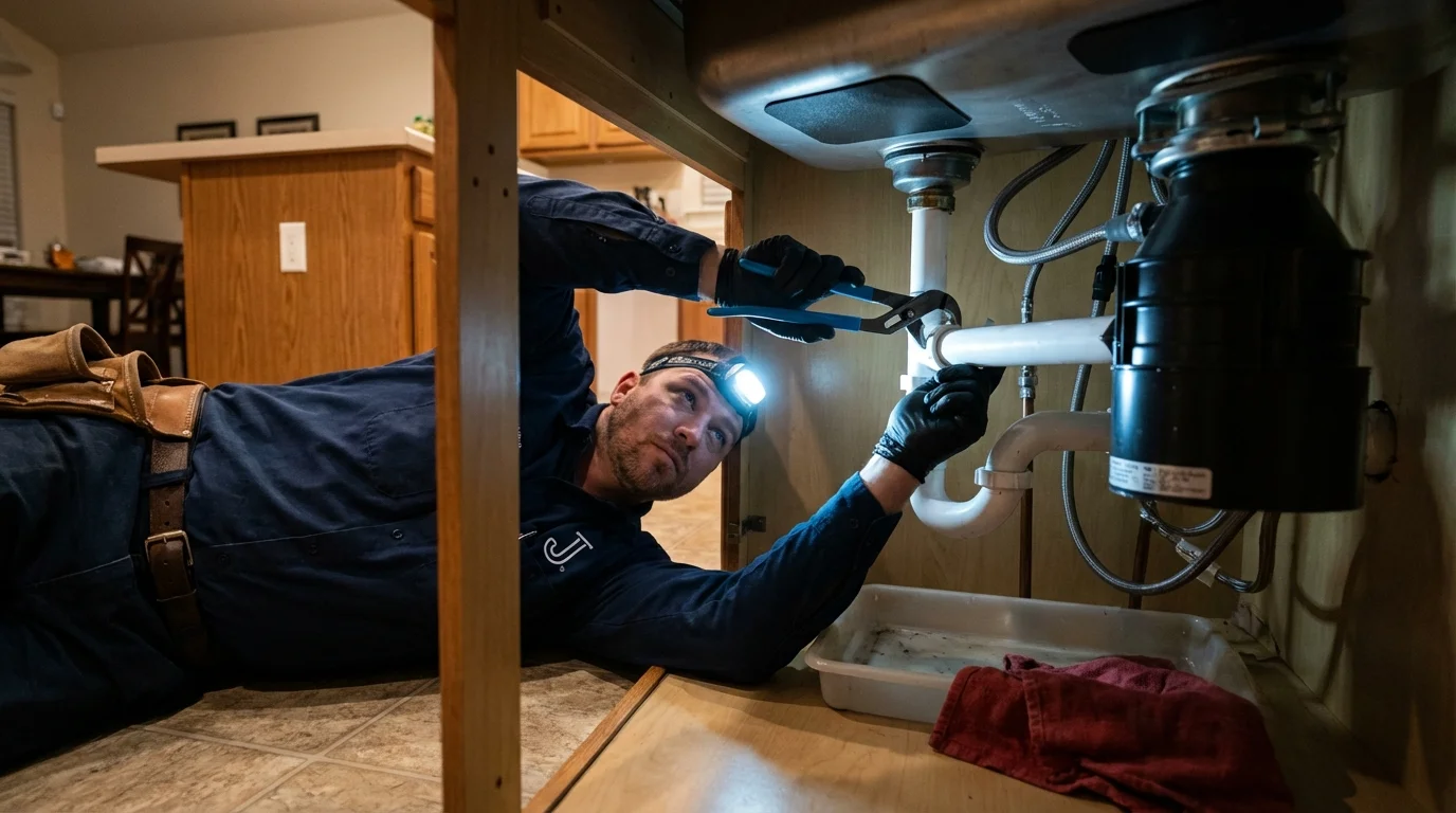 P-trap and supply line connections under a kitchen sink showing a common leak point in Youngstown, FL